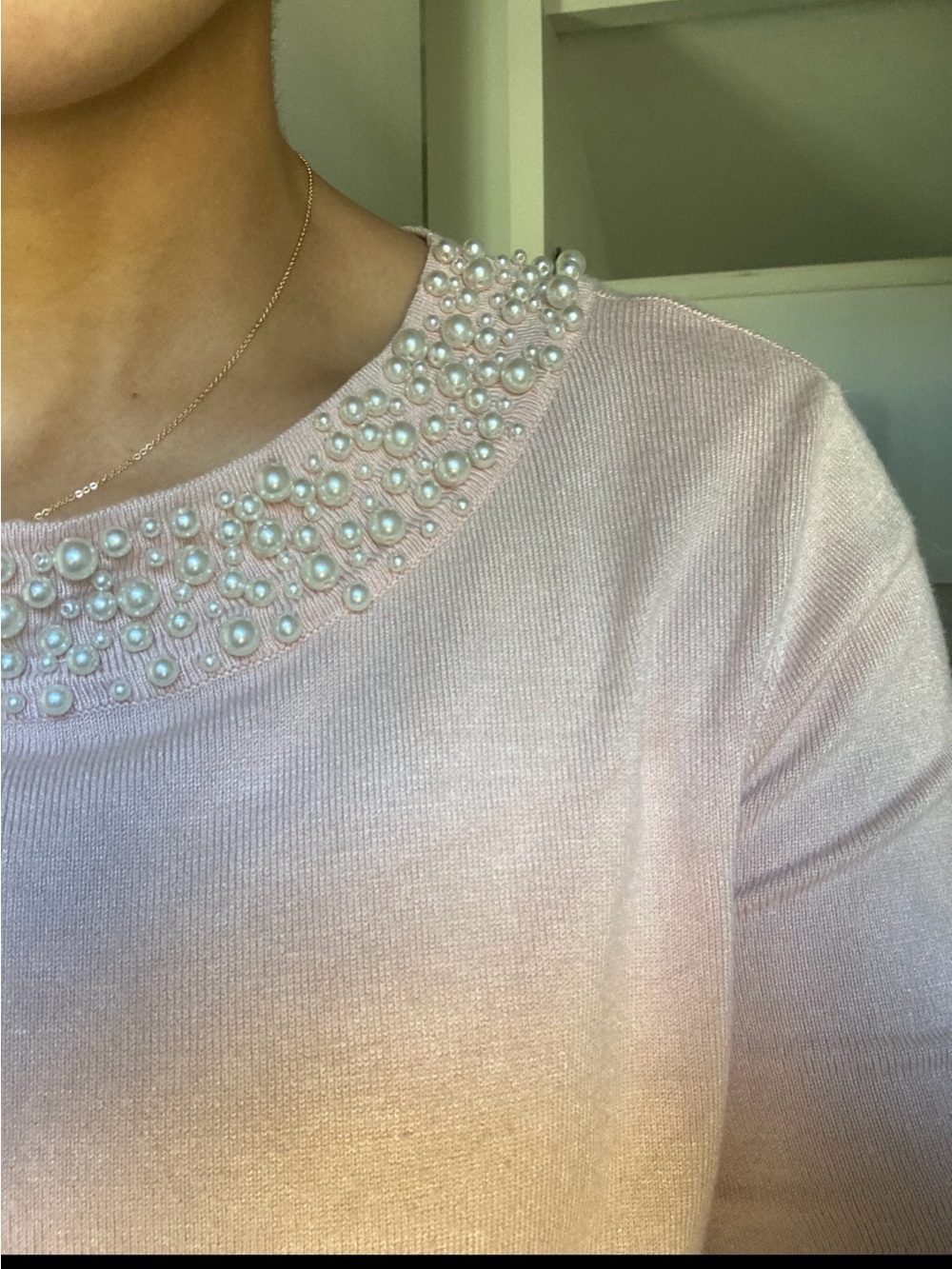 Karl Lagerfeld Blush Pink Pearl-Embellished Knit Sweater